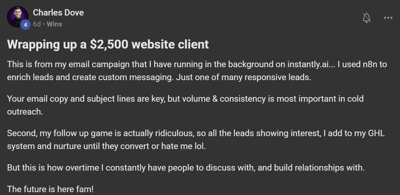 Charles Dove — Closed a $2,500 website client through automated cold outreach
